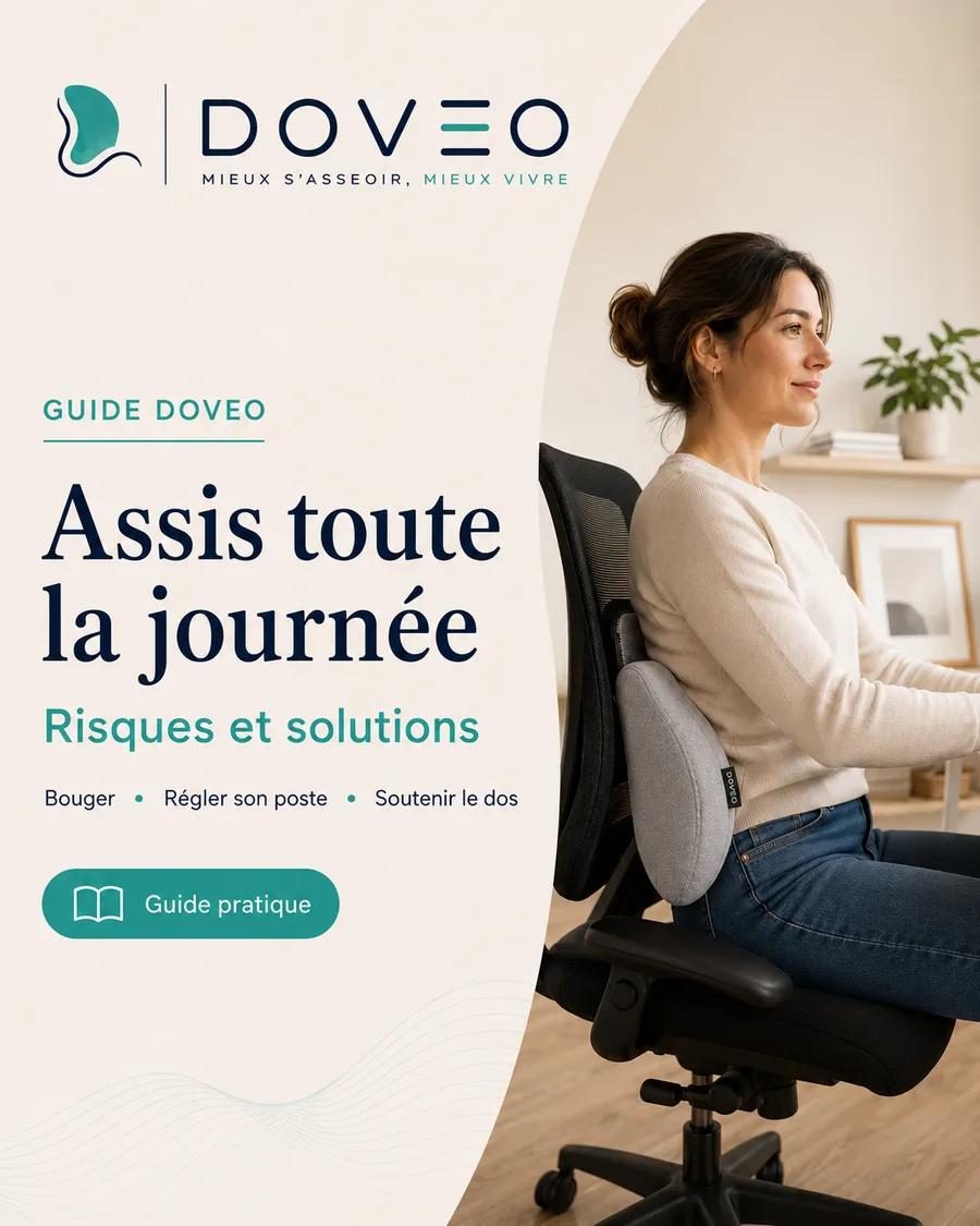 Femme assise à son bureau une longue journée, dos soutenu par le coussin lombaire DOVEO