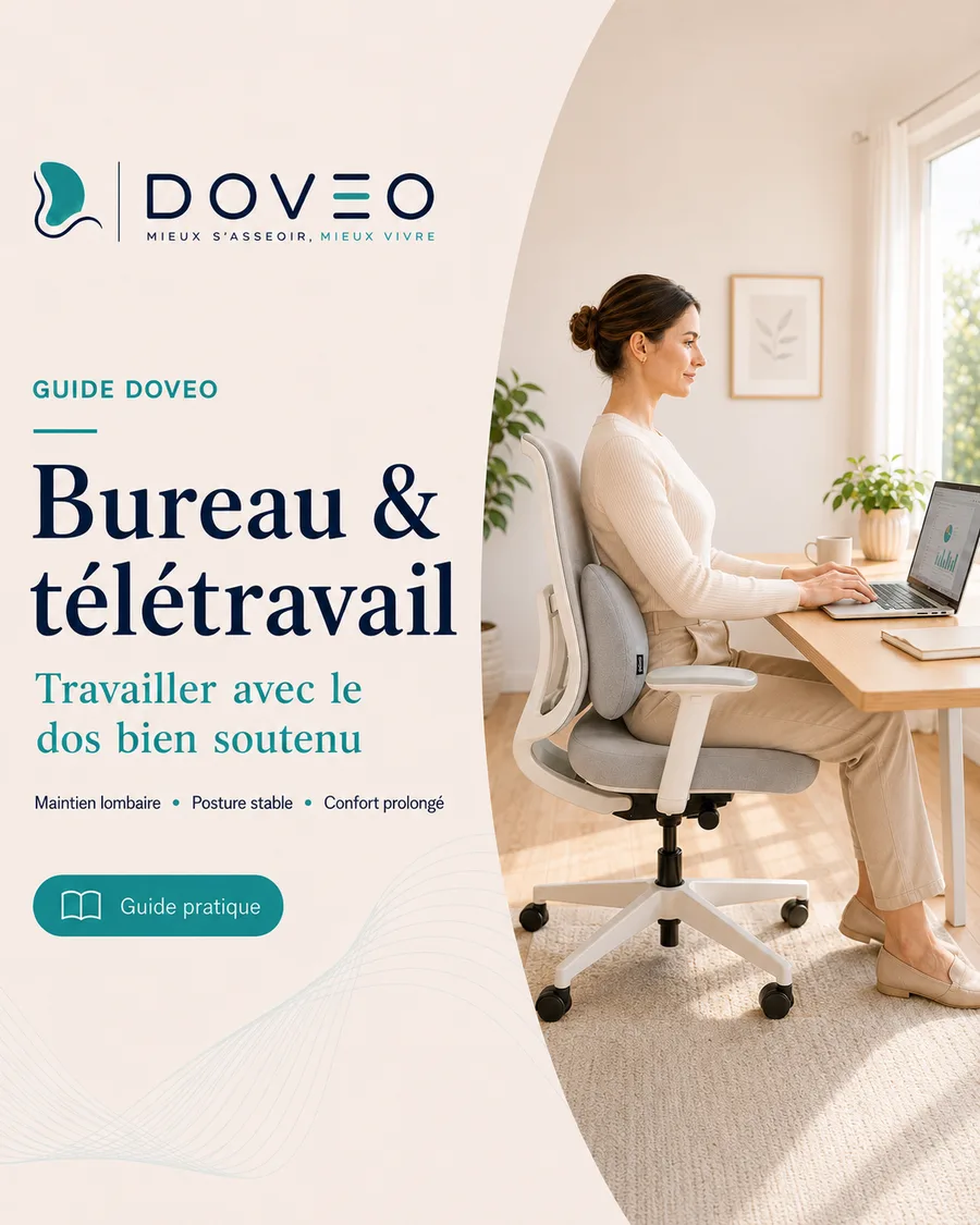 Femme en télétravail, bas du dos soutenu par le coussin lombaire DOVEO sur sa chaise de bureau