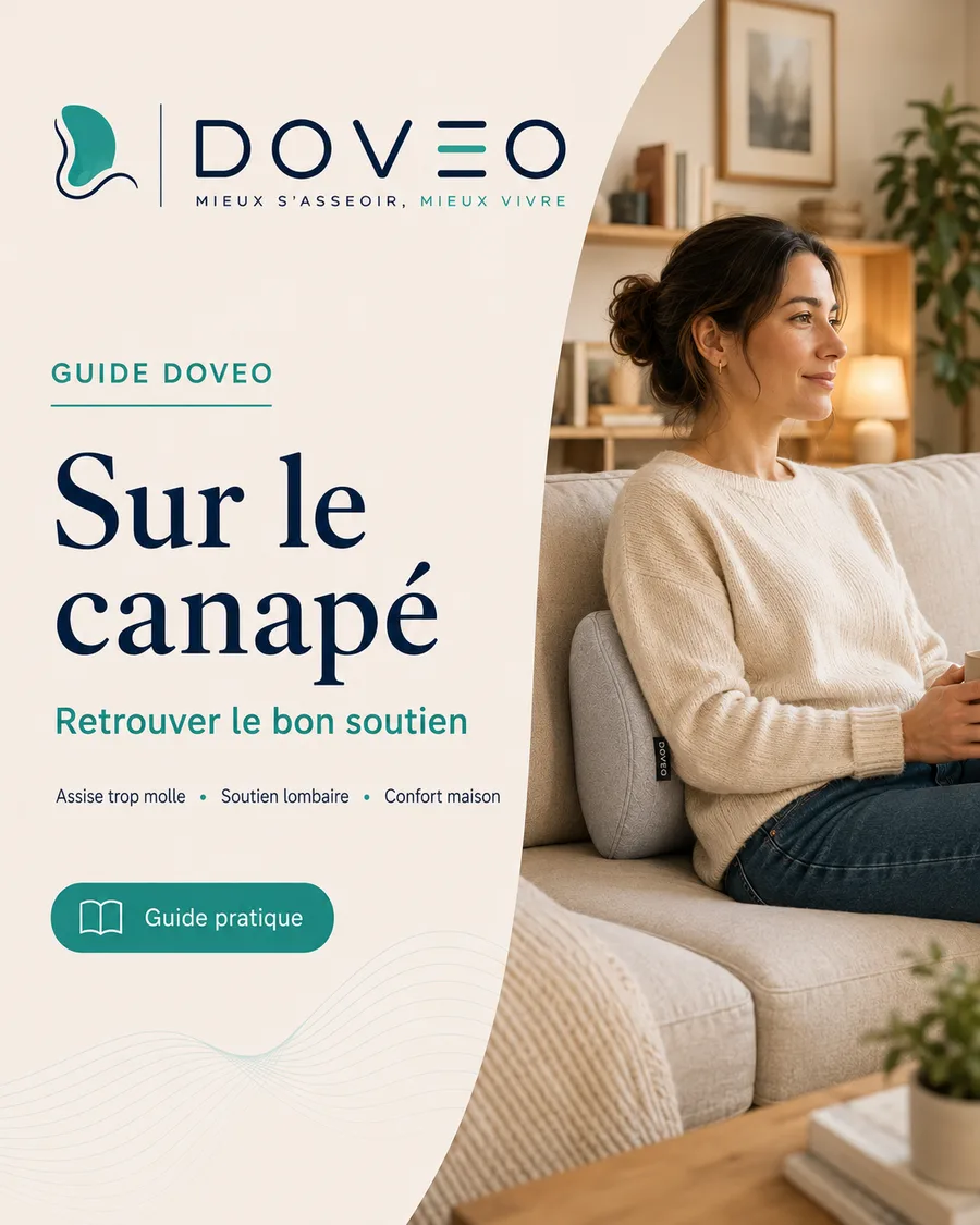 Femme installée sur un canapé, bas du dos soutenu par le coussin lombaire DOVEO