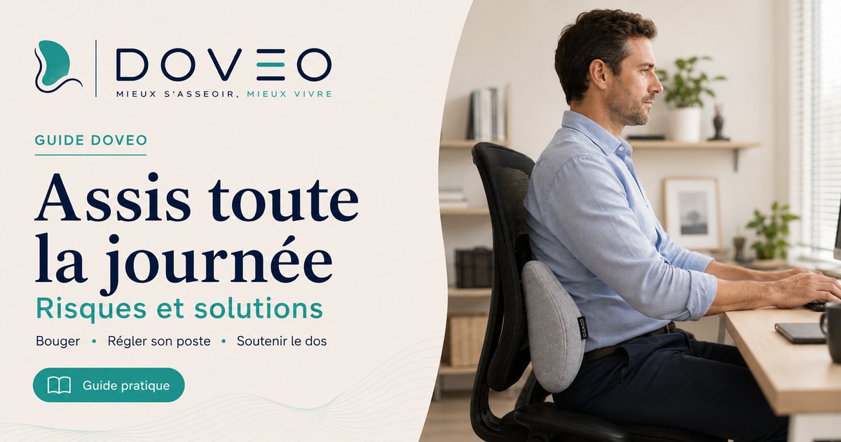 Femme assise à son bureau une longue journée, dos soutenu par le coussin lombaire DOVEO