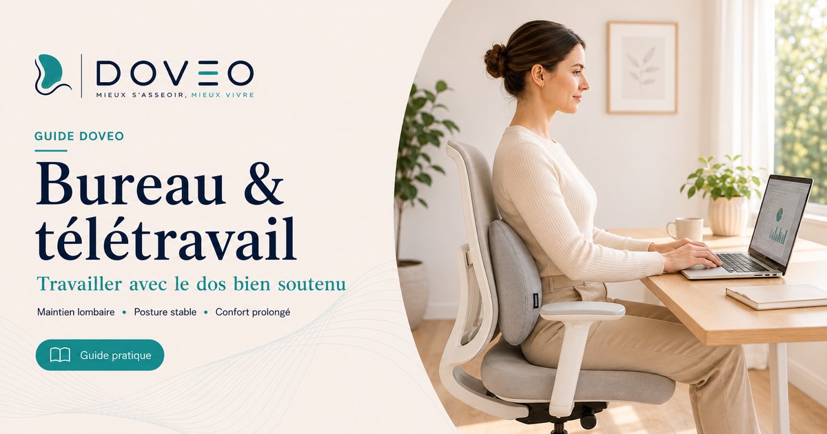 Femme en télétravail, bas du dos soutenu par le coussin lombaire DOVEO sur sa chaise de bureau