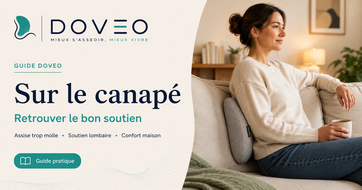 Femme installée sur un canapé, bas du dos soutenu par le coussin lombaire DOVEO