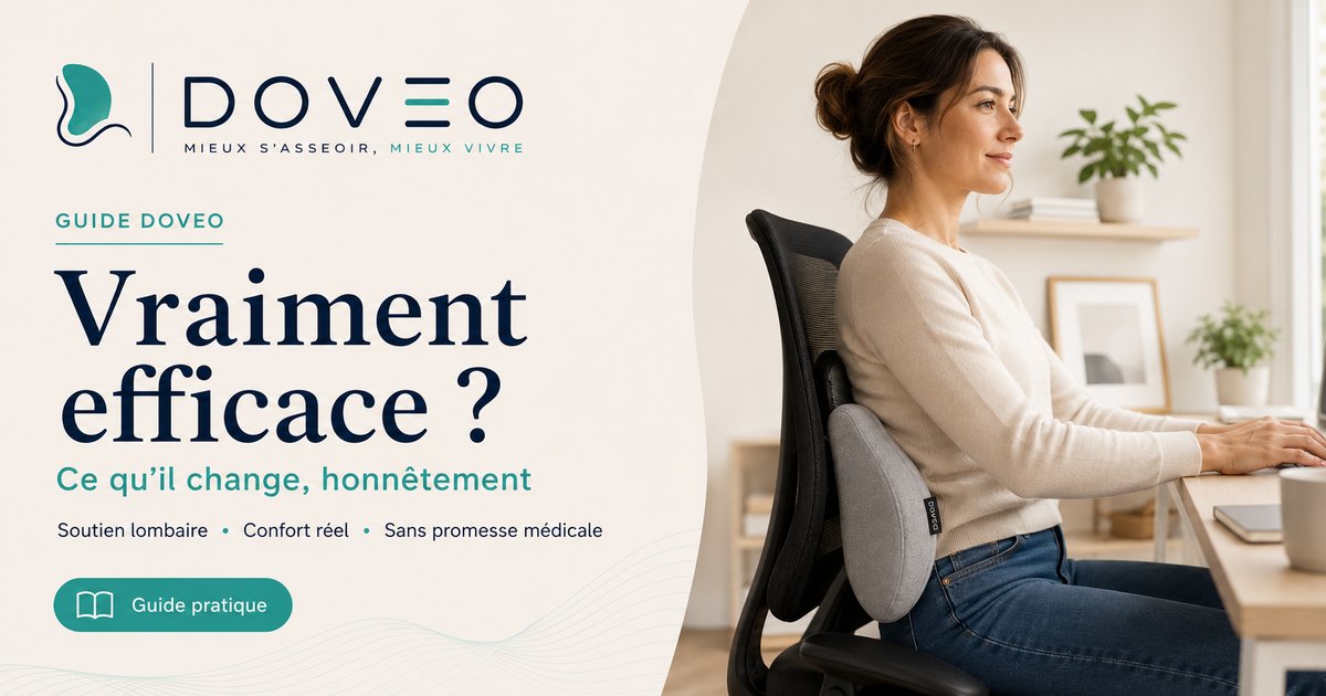 Femme assise détendue au bureau, bas du dos soutenu par le coussin lombaire DOVEO