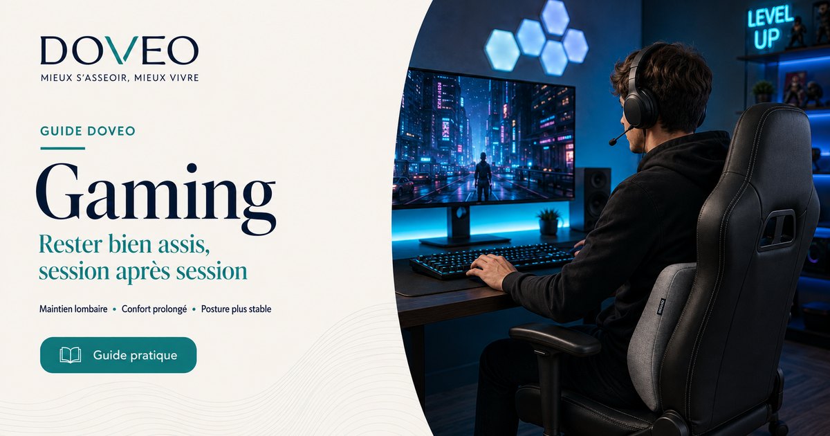 Joueur sur chaise gaming, dos soutenu par le coussin lombaire DOVEO pendant une session