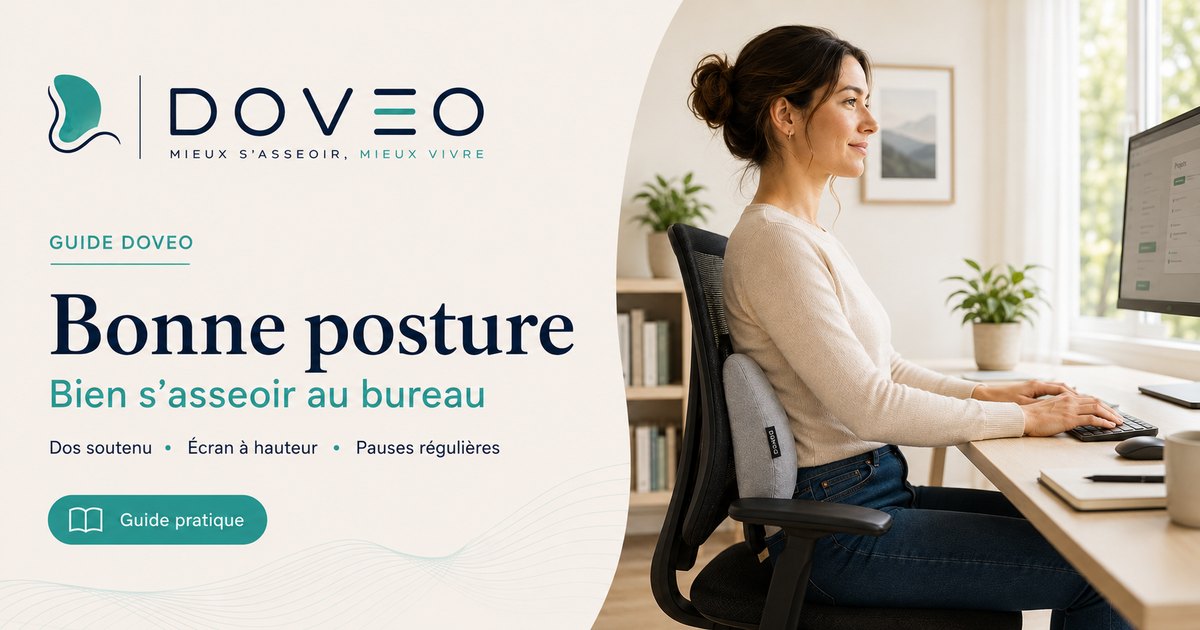 Femme de profil en bonne posture à son bureau, dos soutenu par le coussin lombaire DOVEO