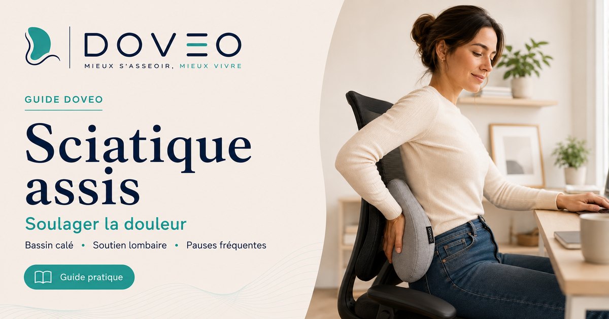 Femme assise au bureau se tenant le bas du dos, soutenue par le coussin lombaire DOVEO