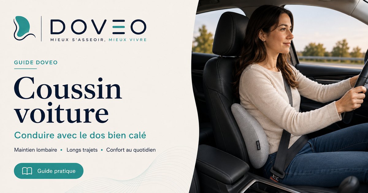 Conductrice au volant, bas du dos calé par le coussin lombaire DOVEO en voiture