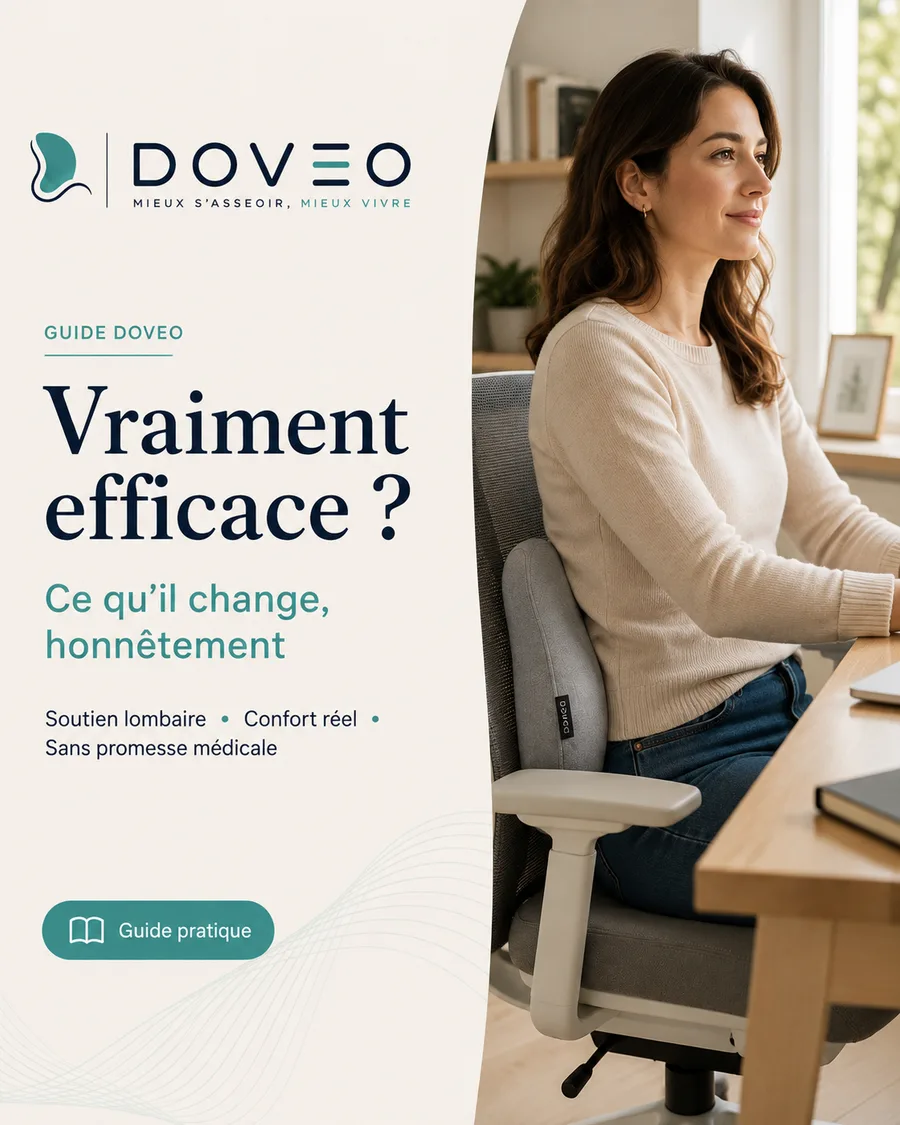 Femme assise détendue au bureau, bas du dos soutenu par le coussin lombaire DOVEO