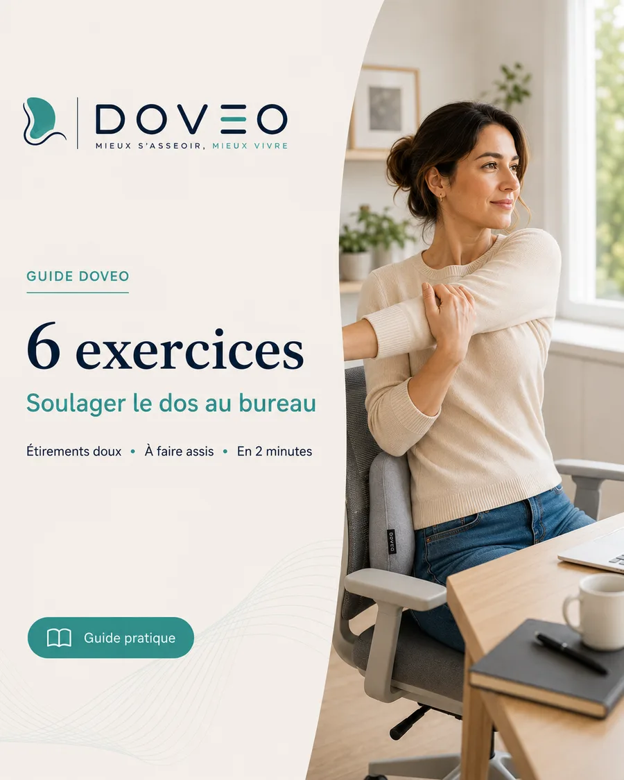 Femme faisant un étirement doux du dos, assise à son bureau avec un coussin lombaire DOVEO