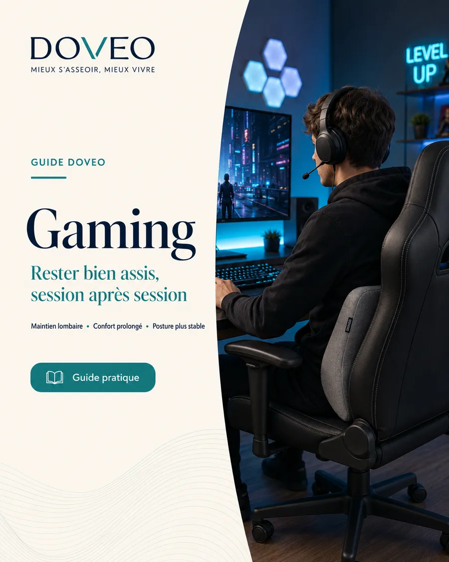 Joueur sur chaise gaming, dos soutenu par le coussin lombaire DOVEO pendant une session
