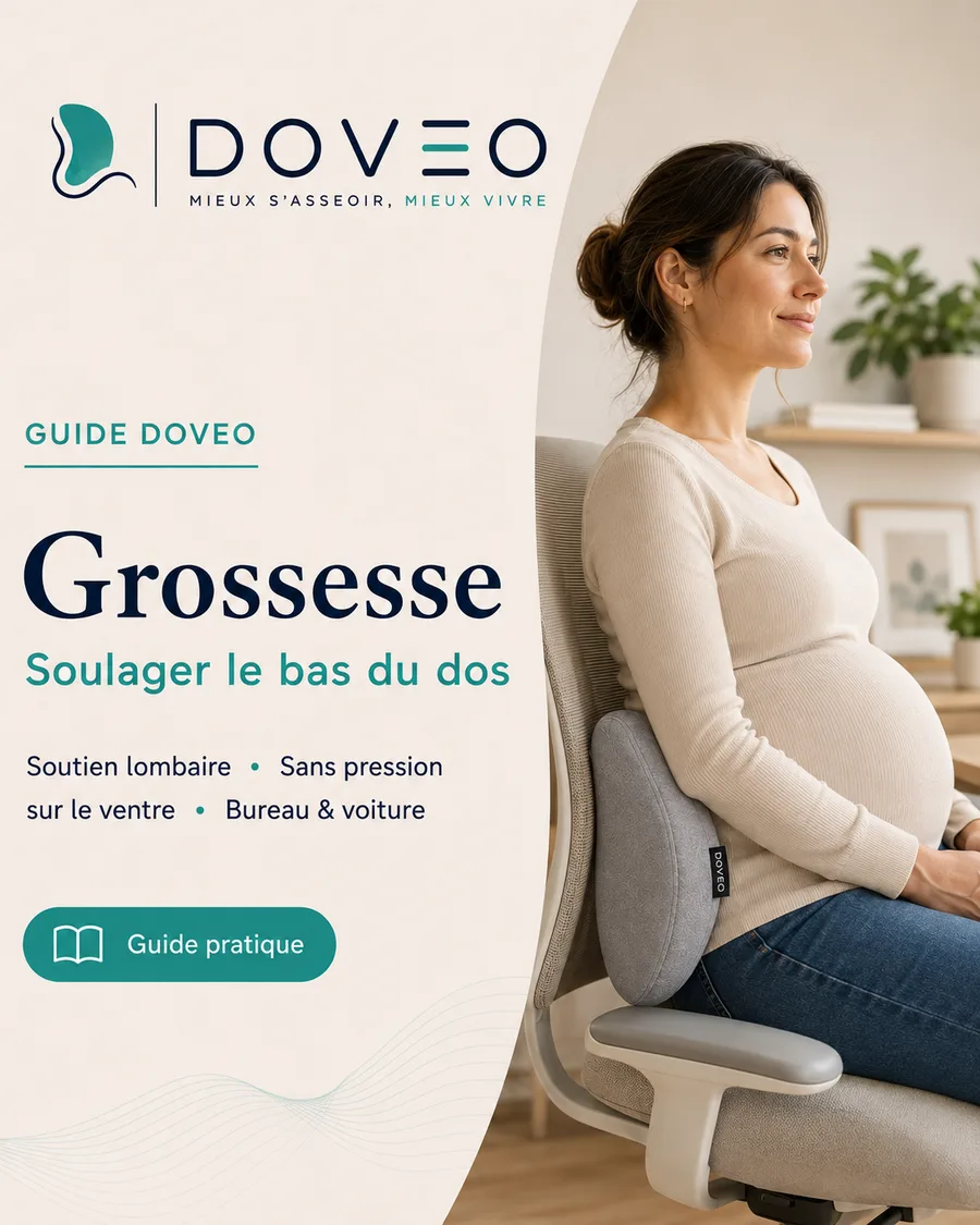 Femme enceinte assise à son bureau, bas du dos soutenu par le coussin lombaire DOVEO