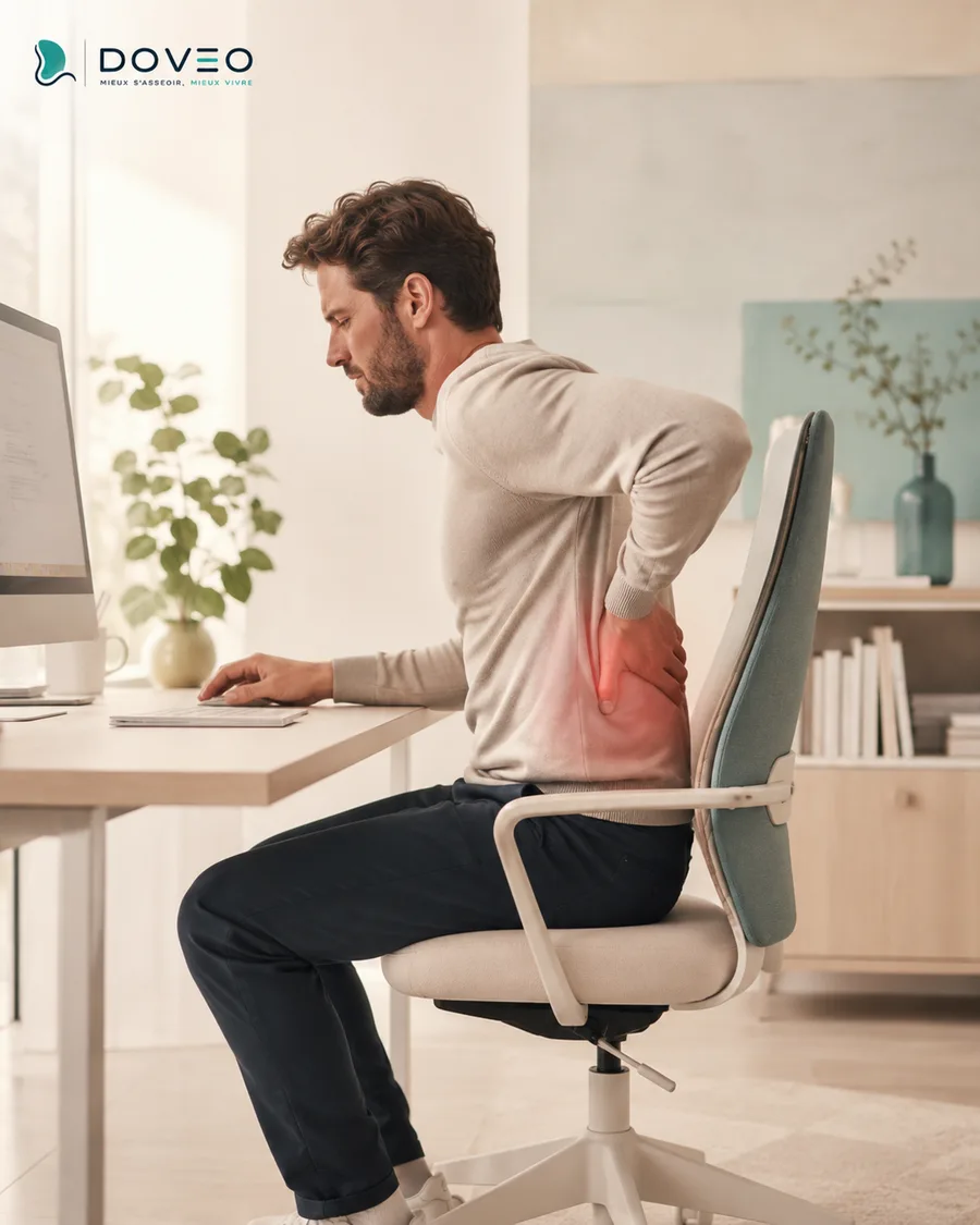 Homme au bureau souffrant du bas du dos en position assise