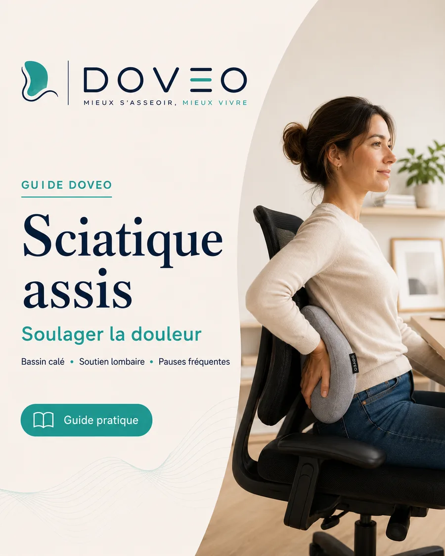 Femme assise au bureau se tenant le bas du dos, soutenue par le coussin lombaire DOVEO