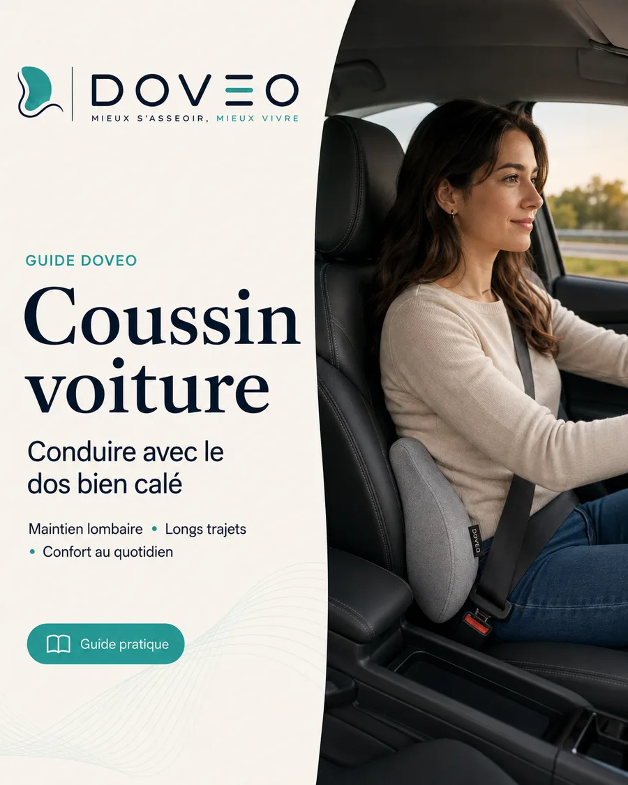 Conductrice au volant, bas du dos calé par le coussin lombaire DOVEO en voiture